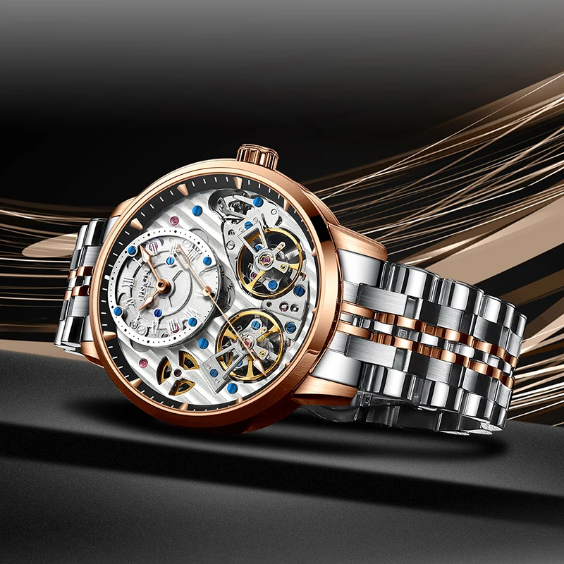 Механические часы jinshanghai с двойным маховиком, модная маленькая пластина с тремя контактами, водонепроницаемые механические часы с ремешком из нержавеющей стали