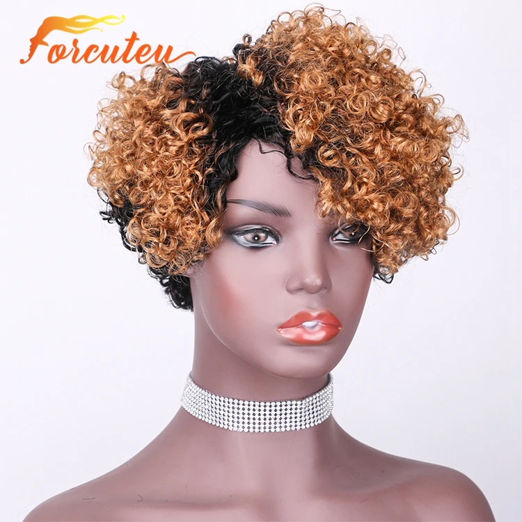 Unprocessed Brazilian 7 inch Short Kinky Curly Bangs Ombre Blonde No Lace Cuticle Aligend Virgin Human Hair Wig For Black Women