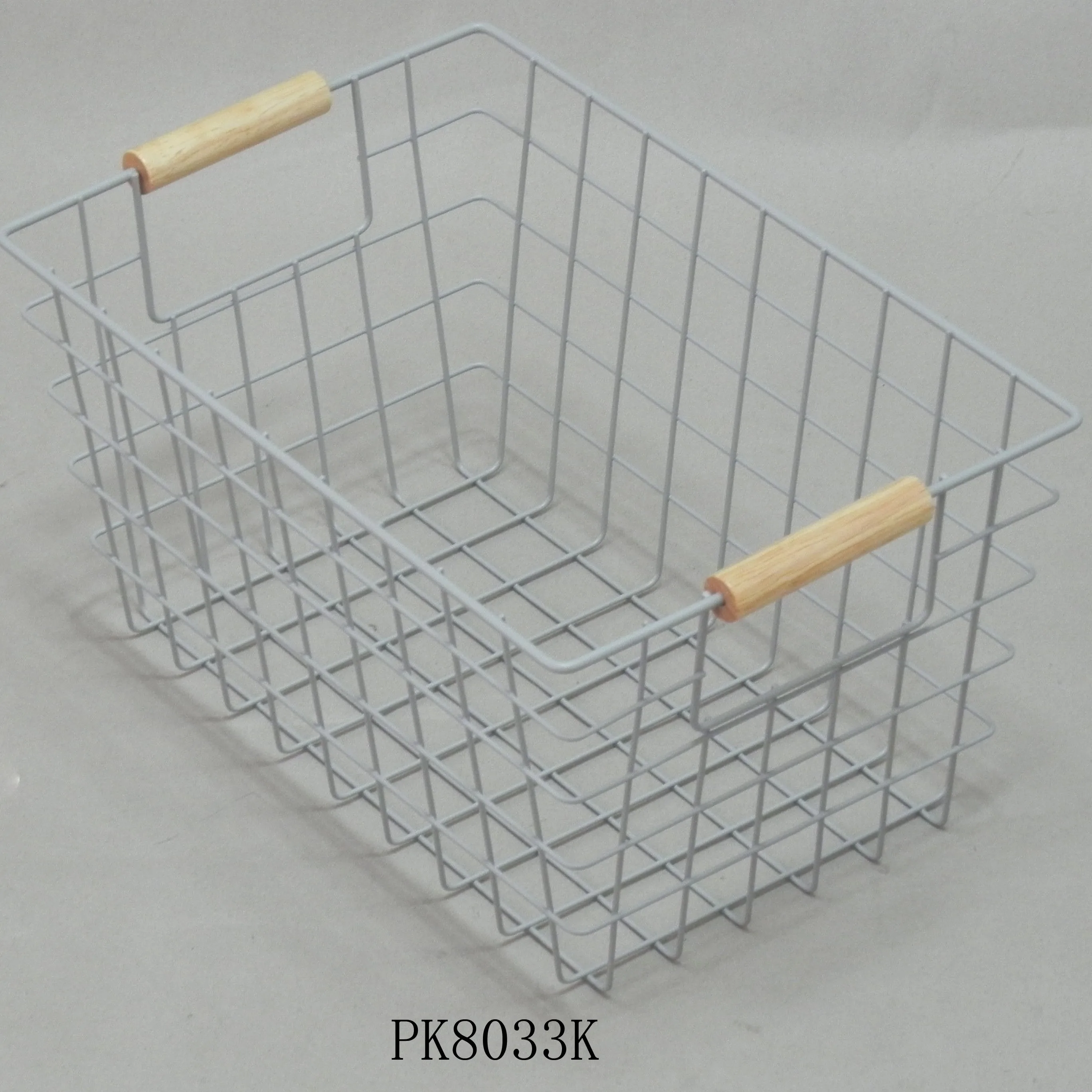 Wholesale powder coated white color metal toys organizer baskets with wood handle kitchen wire fruit vegetables storage baskets
