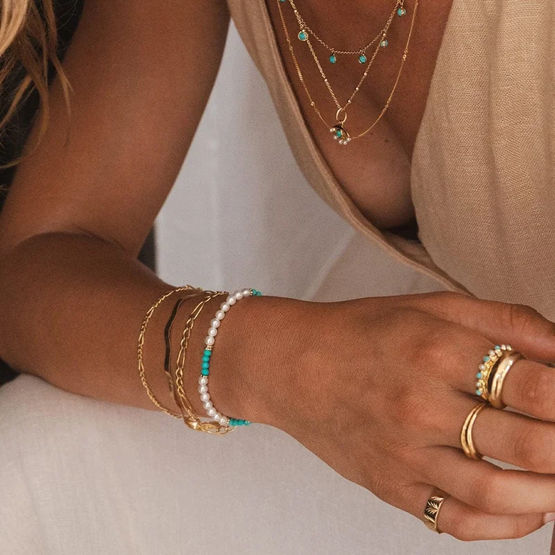 Milskye hawaiian jewelry 925 silver plated 18K gold turquoise pearl beaded bracelet