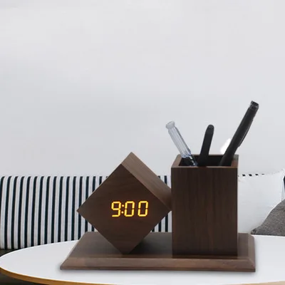 Manufacturer Custom Decor Square Stand Kid Desk Table Wood Digital Led Alarm Clock With Pen Holder