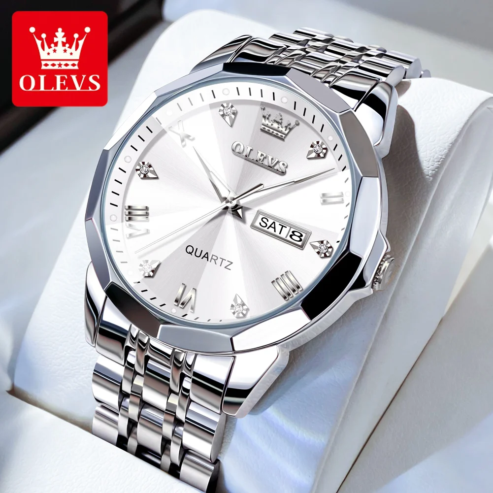 OLEVS 9931 Luxury Popular Watch Men Fashion Business Sport Stainless Steel Waterproof Dual Calendar Diamond Quartz Watch