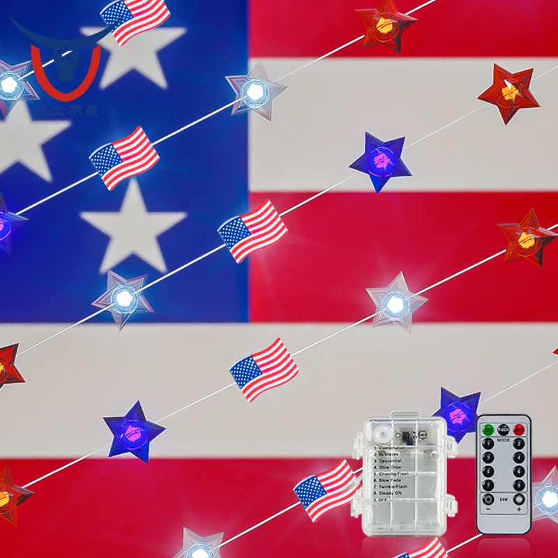 Independence Day Decor Led String Lights Battery Operated With Remote National Flag Decorative Lamp String Christmas Decorative
