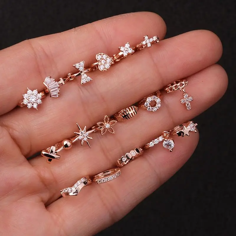 white,rose gold  Hoop Cartilage Huggie Earring Tiny Cz Round Cross Heart Flower Bow Tragus Hoop Helix Rook Ear Piercing Jewelry