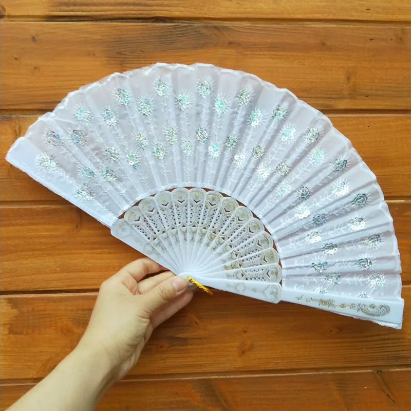 [I AM YOUR FANS] Embroidery Sequin Hand Fan Classic Plastic Frame Fabric Dancing Hand Fan for Holiday Events Wedding