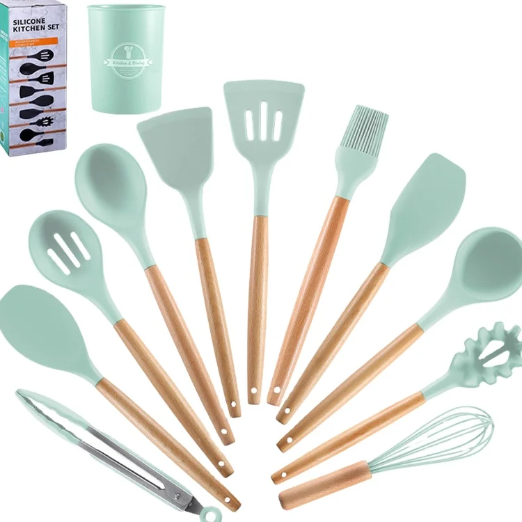 
New Design Wooden Handle Silica Gel Kitchenware Set 11 Sets Of Non-Stick Pan Shovel Spoon Storage Bucket Cooking Kitchen Tools 