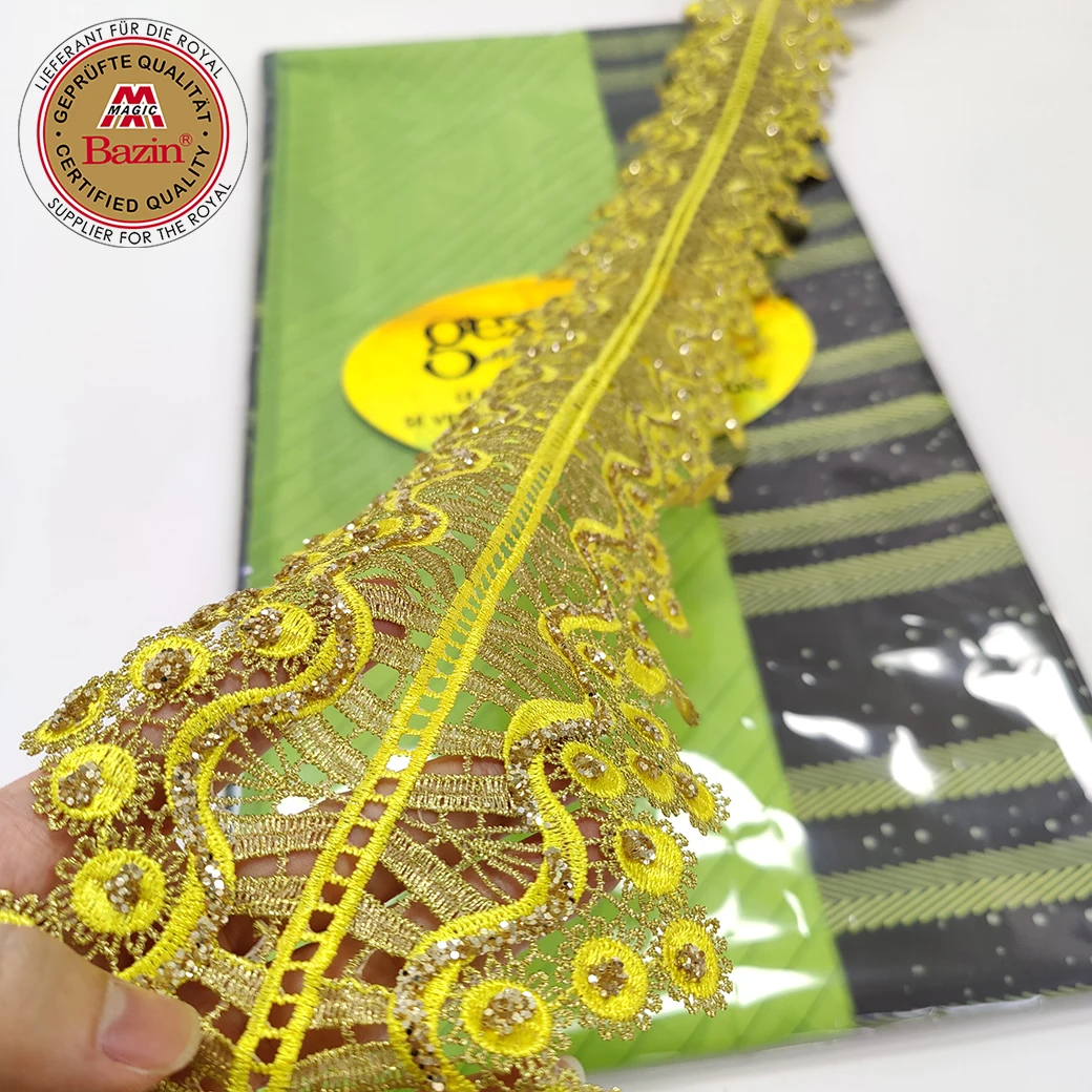 5+5 Yards Double Sides Printed Bazin Riche Fabric With Shiny Embroidery Ribbon For African Traditional Wedding Dresses Basin