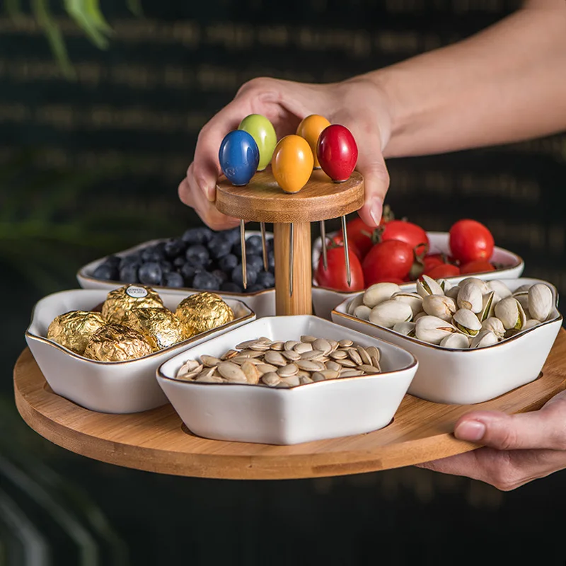 Ceramic marble fruit plate with bamboo and wood base pins snack plate for dried fruit and nuts