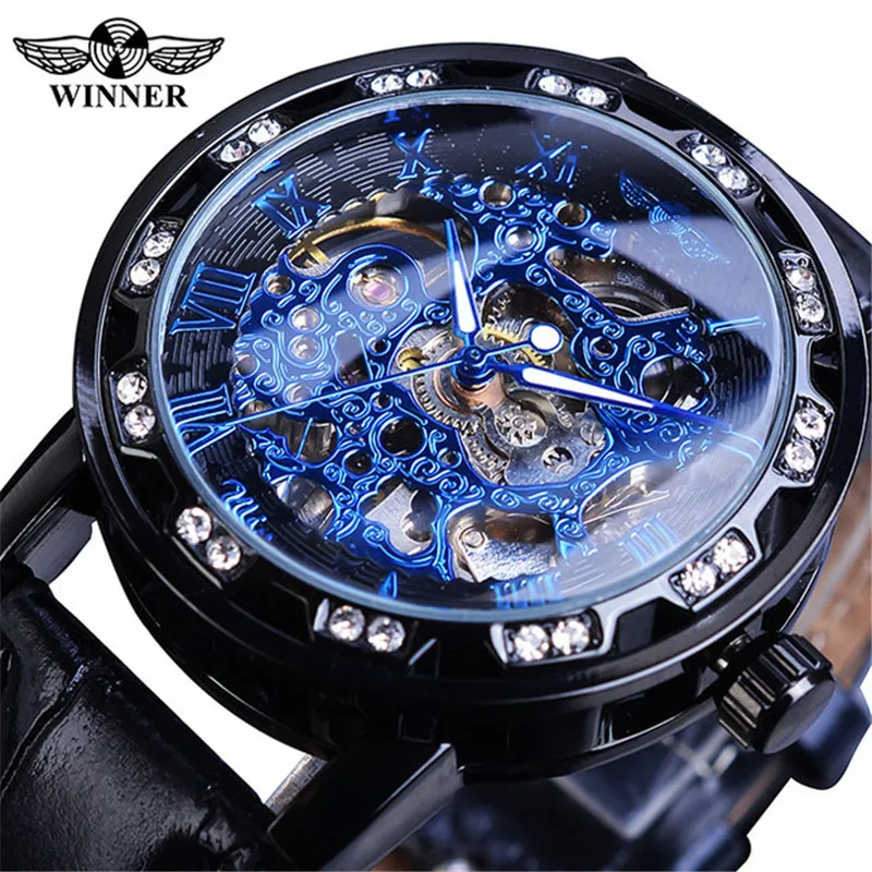 Winner SLZg48 Classic Rhinestone Clock Roman Analog Male Skeleton Clocks leather Band Automatic Mechanical Watch Luminous Hands