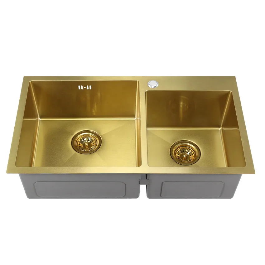 gold color drop in topmount overcounter double bowl stainless steel kitchen sink  78x43x22cm