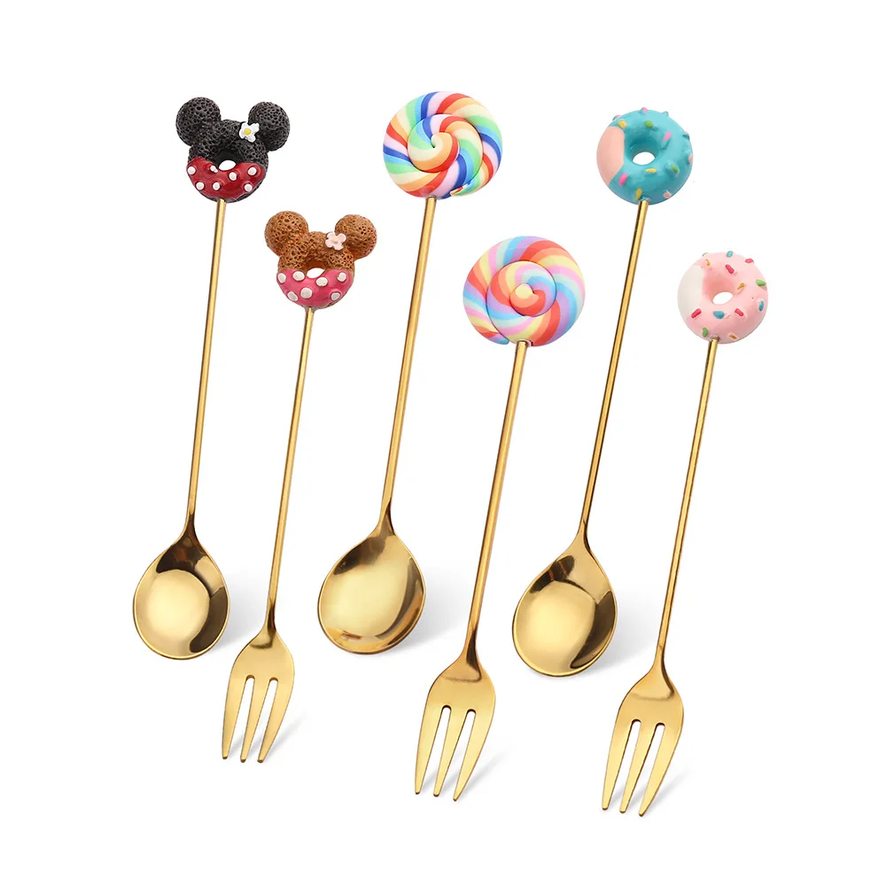 Creative design stainless steel coffee and tea cup ice stirring spoon and fork lollipop doughnut Mickey shape
