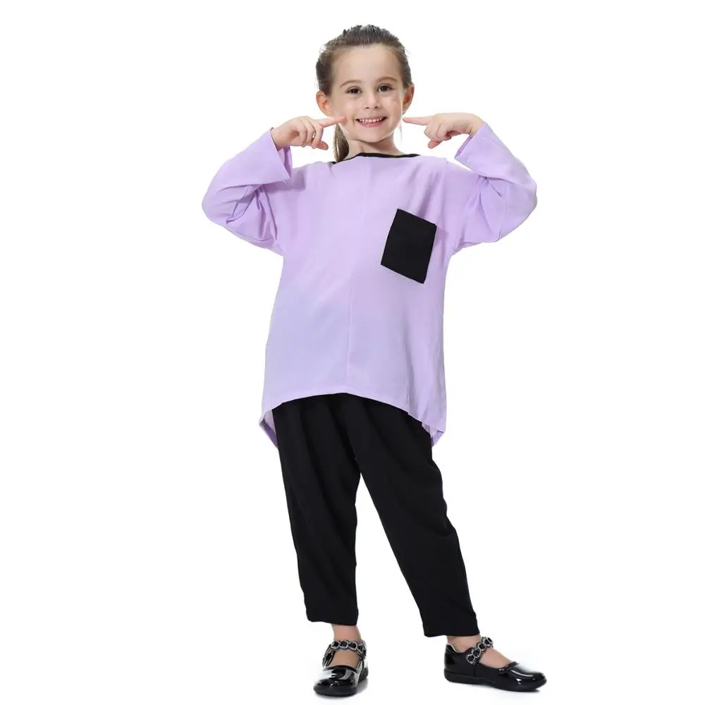 Mini Pocket Design Cute Muslim Children Abaya Arabia Malay Kids Girls Islamic Clothing Patchwork Long Shirt Pants Sets