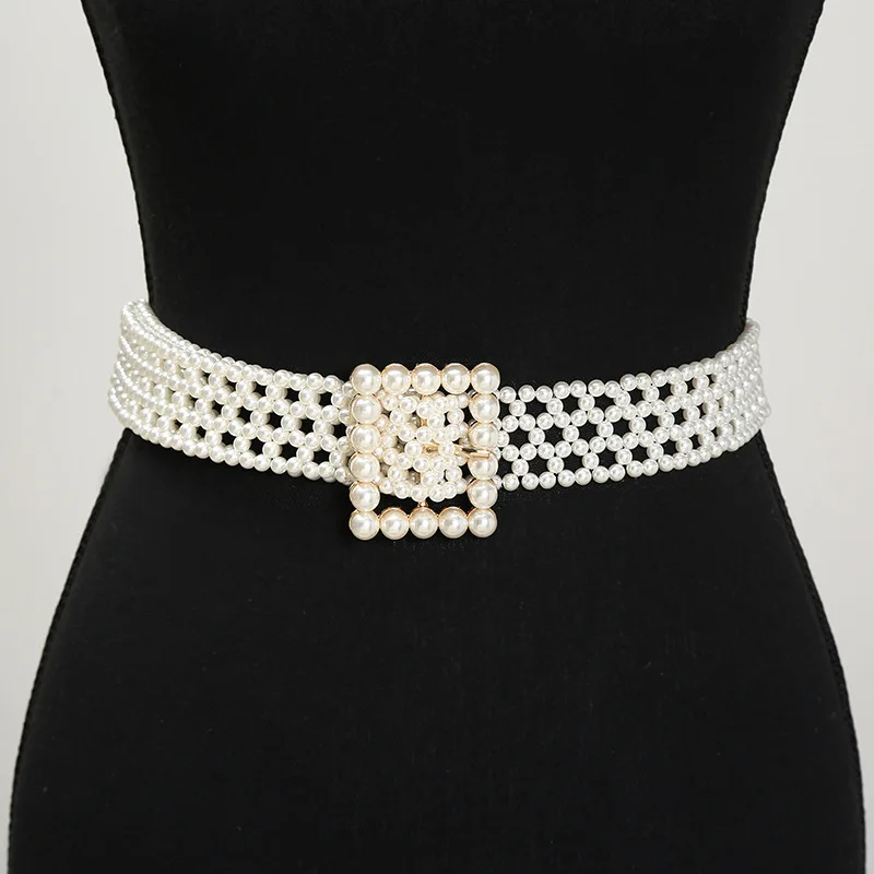 REWIN Fashion Handmade High Quality Lady Pearl Weaved Beaded Chain Waist Belt for Women Dress