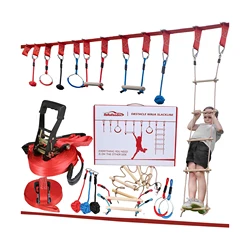 2x50ft children kids hanging obstacle course outdoor ninja slackline slack line red with 7 obstacles and climbing rope ladder