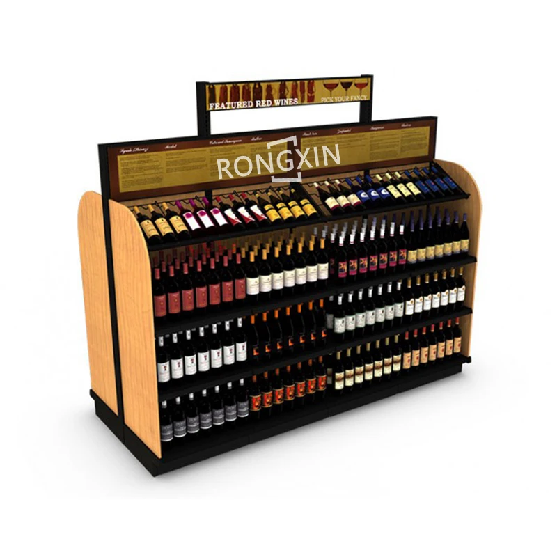 Supermarket Wood Wine Storage Shelf Liquor Metal Display Cabinet Whiskey Bottle Rack For Wine Retail Store