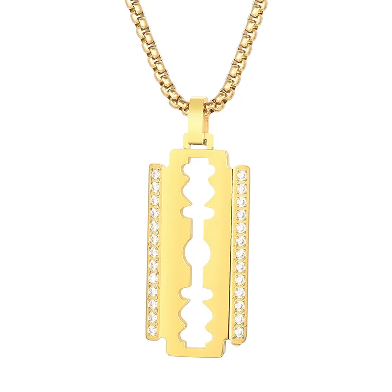 Christmas Gift Jewelry Stainless Steel Men 18k Gold Plated CNC Cubic Zirconia Sturdy Shiny Razor Blade Necklace