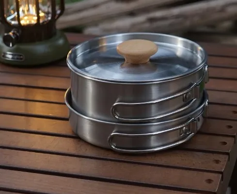 Outdoor mountaineering stainless steel folding handle pot Camping portable frying pan stockpot Household picnic pot set