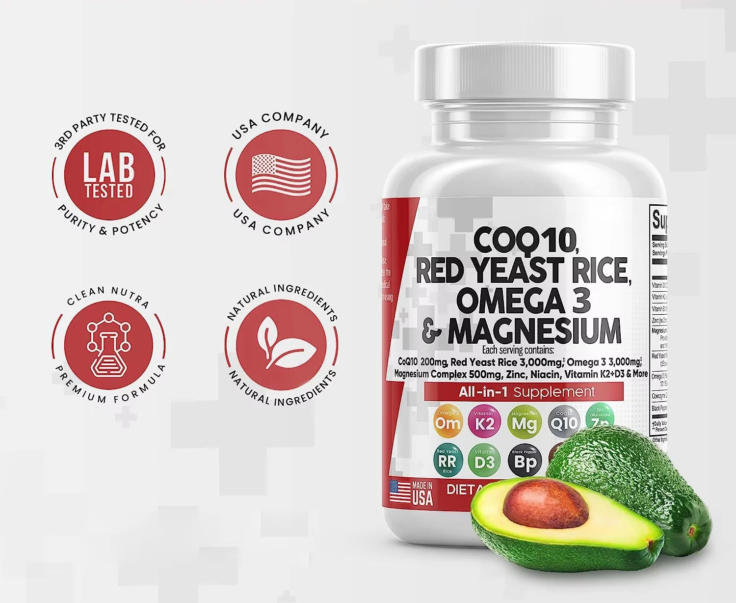 COQ10 Capsules Red Yeast Rice Omega 3 Magnesium Niacin Vitamin K2 D3-Herbal Supplements Adult Heart Health Support Anti-Aging