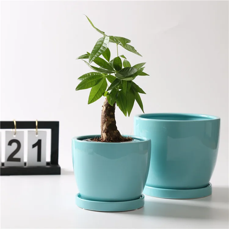 Wholesale custom logo round shape indoor outdoor decorative ceramic wedding indoor plant pots with tray