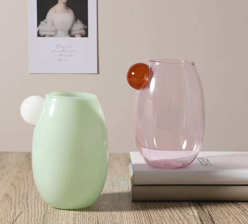 North Europe Vintage Style Amber Ball Pink White Jade Color-blocking Art Bubble Cute Water Cup for High Borosilicate Glass