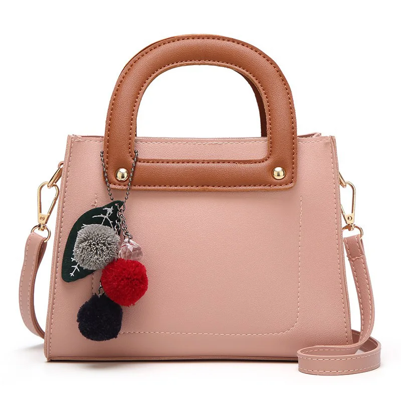 
Vegan PU Leather D Shape Handle Handbags for Women 2019 Mini Tote with Pompom 
