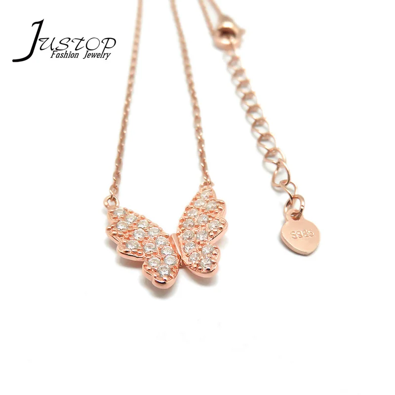 French design vogue charms Real 925 sterling silver jewelry pink gold pendant chain butterfly necklaces with zircon