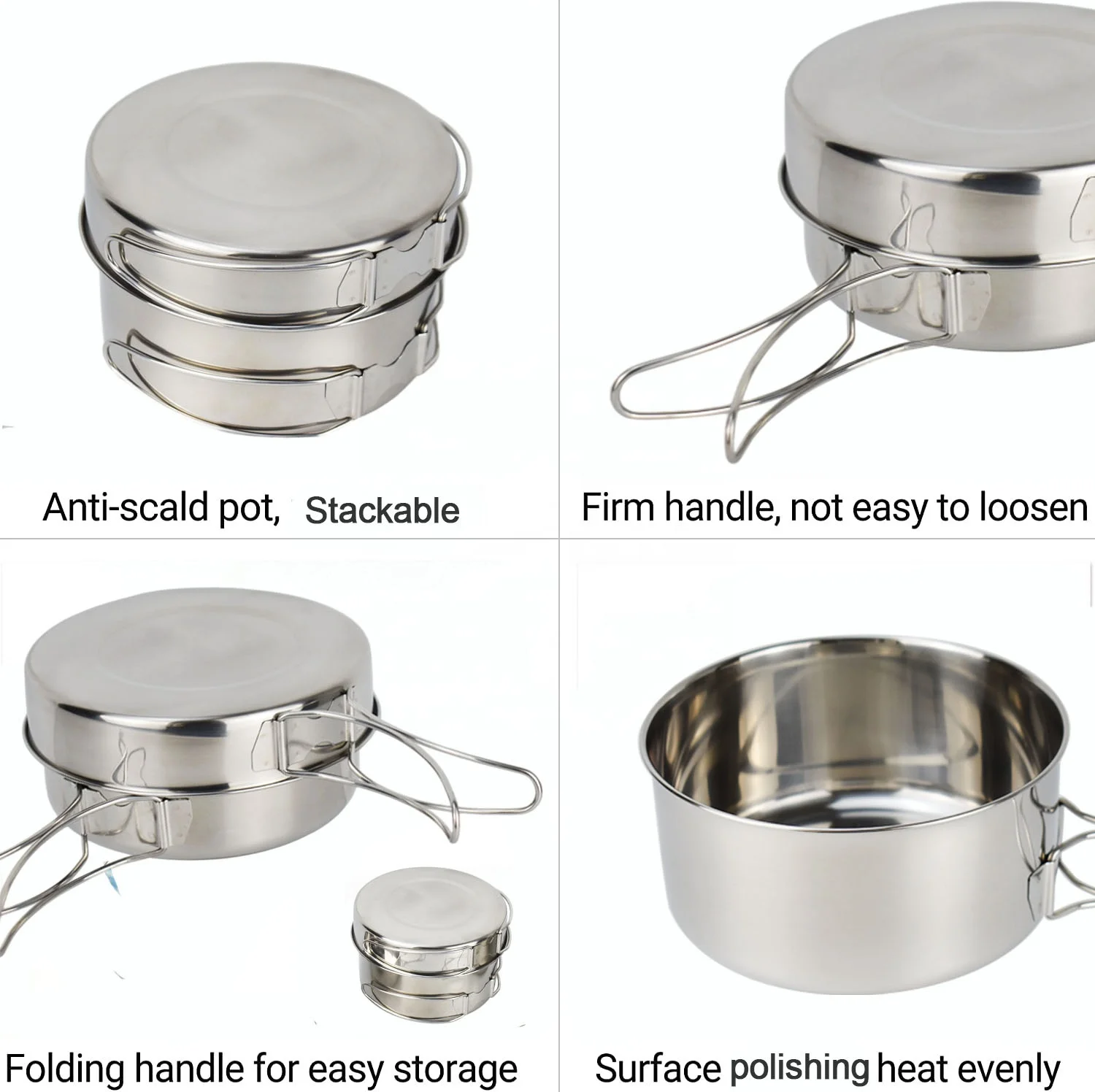 Hiking Camping Mess Kit Cookware set Stainless Steel Camping Pot Fly Pan with Folding Handle