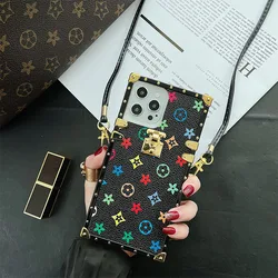 Brand Logo Wholesale Design Luxury Leather Square Mobile Phone Case Back Cover For 12 11 Pro Max Mini XR XS X 8 7 with Strap