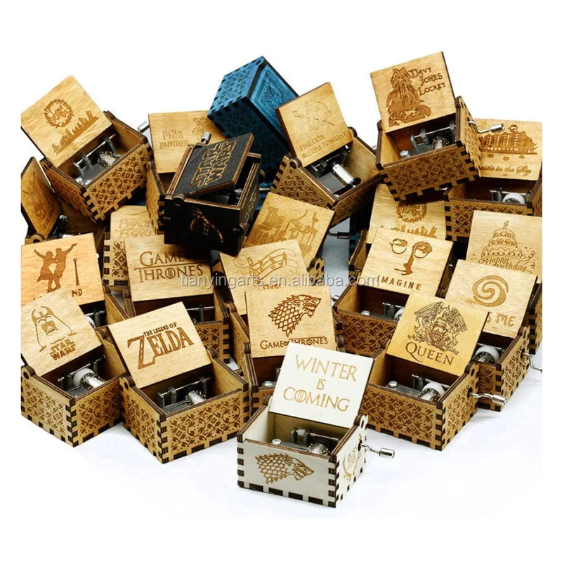 Portable Custom Wooden Hand Crank Engraved Vintage Music Box