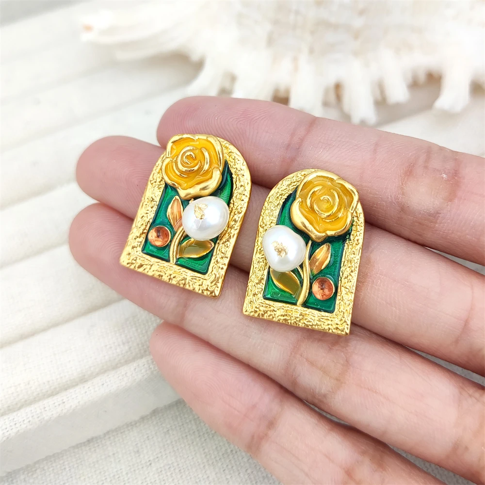 French oil painting style real baroque freshwater pearl pendant elegant flower rectangle earrings gold stud for birthday gifts