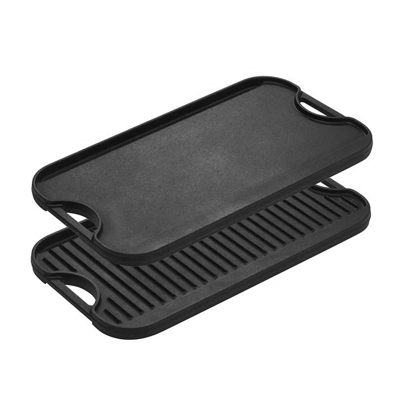 Rectangle Reversible Cast Iron Griddle Black Grill Pan Double Handle Fry Pan