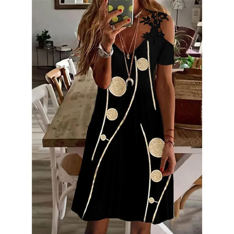 MOTE-ZC461 Wholesale Summer Short Sleeve Knee Length Lace Womens Casual Off The Shoulder Dresses v Neck Flower Print Dress