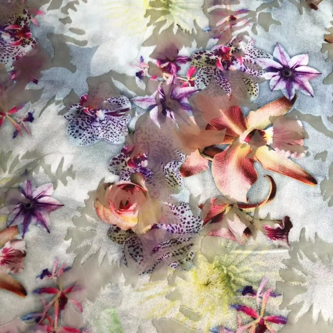 
New fashion polyester spandex floral stretch velvet burnout custom digital print fabric for dancewear dress 