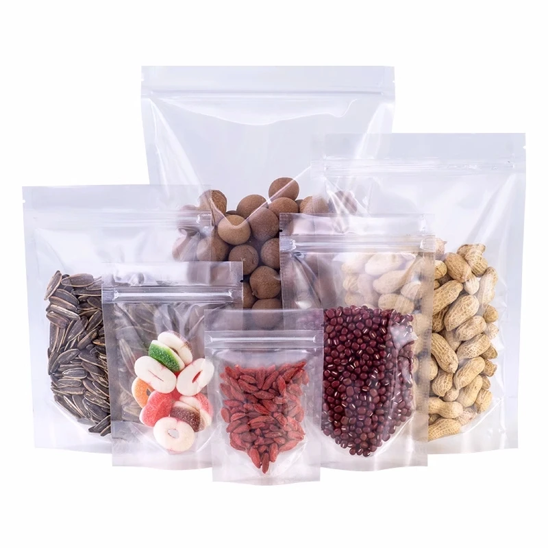 In Stock Resealable Snack Dried Fruit Food Packing Heat Seal Bag Transparent Plastic Clear Stand Up Pouch