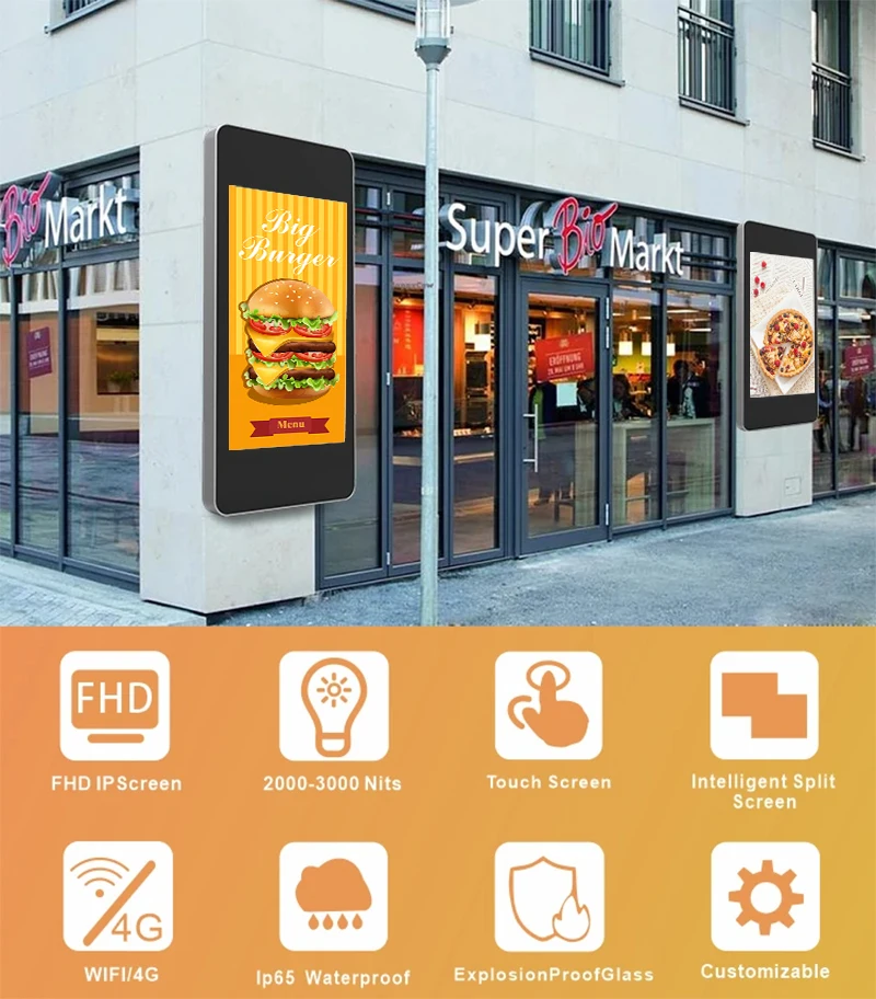 43 49 55 65 inch IP65 waterproof 2500 nits media player lcd screen 4k outdoor display digital signage