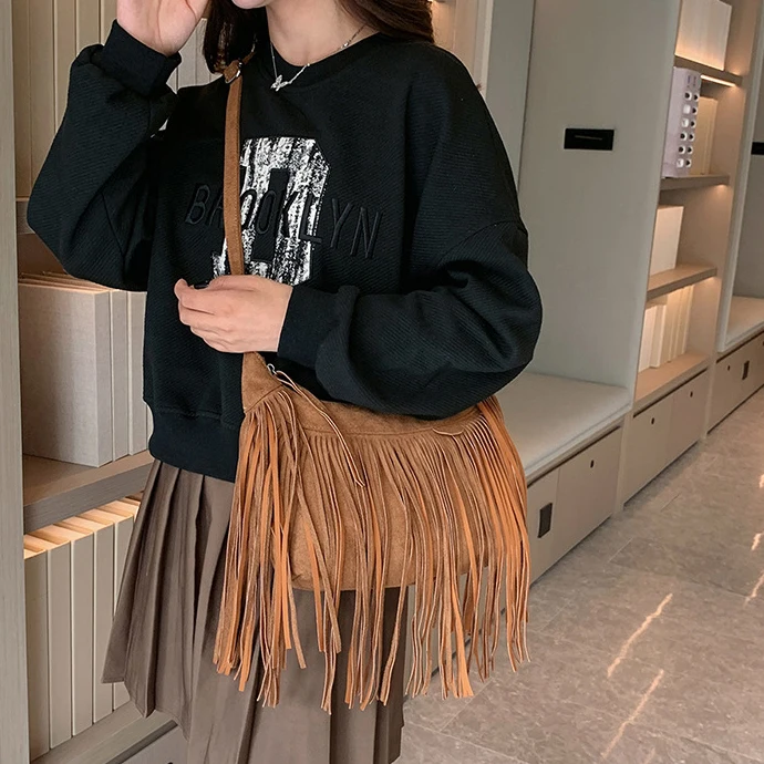 2023 Bohemian Vintage Women Tassel Hobo Shoulder Bag Purses Trendy Suede Leather Fringed Crossbody Bags