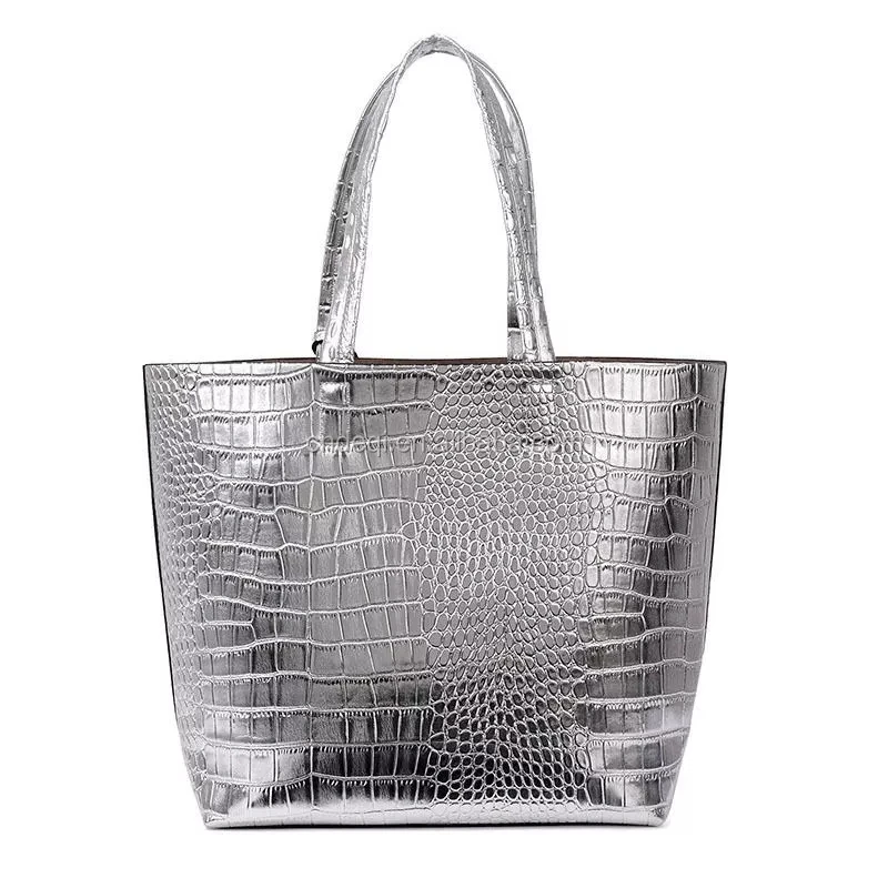 Women Crocodile PU Leather Shoulder Bag Ladies Casual Tote Sliver Handbag
