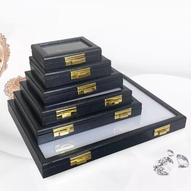 2023 New large capacity black patent leather glass box with lock transparent color treasure box skylight box color stone ring fa