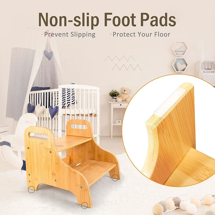 2-in-1 Portable Non-Slip Bamboo Bathroom Two Layer Step Toilet Stool with Handles for Adults Children Bamboo Toddler Step Stool