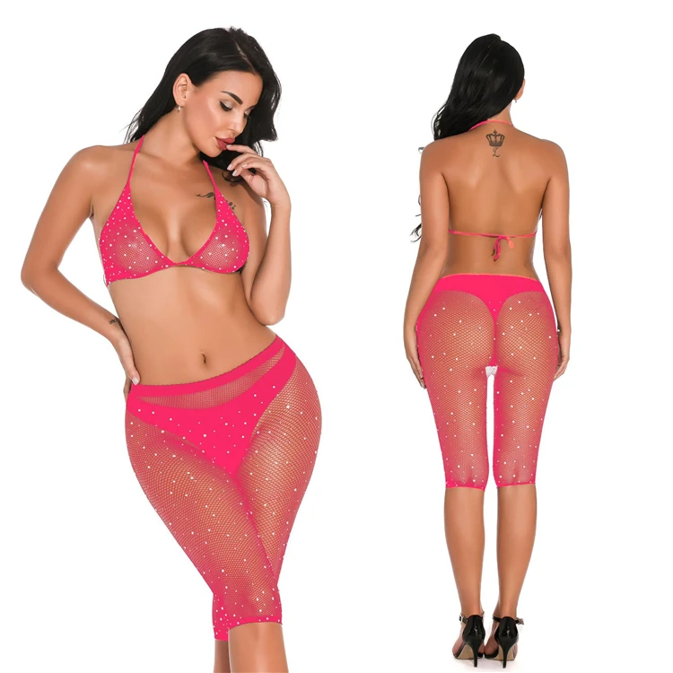 
girls fishnet hot bikini set rhinestone sexy underwear lingerie 