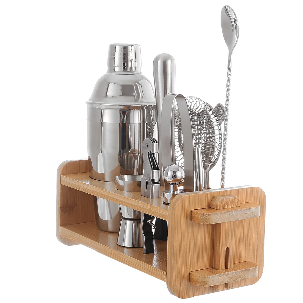 10 pcs Bar Tools Set 550 ml Shaker Bottle And Cocktail Accessories Stainless Steel Bartender Kit With Bamboo Stand
