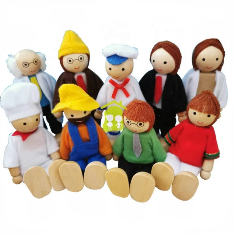 Wooden Doll House People of 8 Figures Dolls Family Set for Girls Toddler Kids Dollhouse Accessories Toy