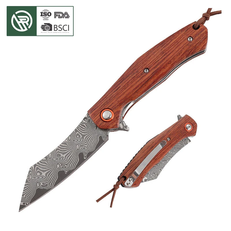 Free Sample Quality Damascus Blade EDC Pocket Knife Customized Folding Wooden Handle Camping Survival OEM Gift Collection Knife