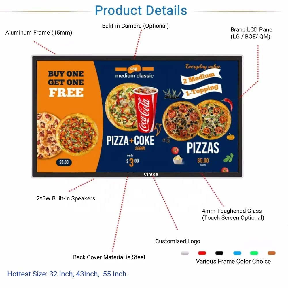 32-дюймовые 43-дюймовые настенные интерактивные цифровые вывески и дисплеи 4K UHD рекламные плееры для ресторана кафе бара