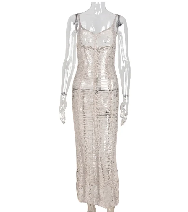 Summer Crochet long dress women 2022 fashion sexy Spaghetti Strap knitted mesh maxi dress vacation wear