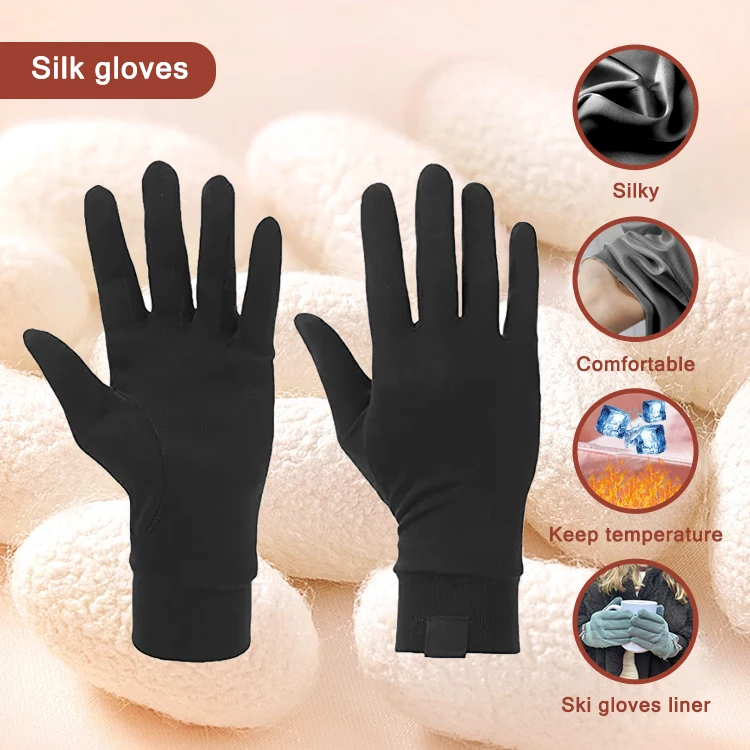 Fashion Stretchy Fabrics Black Warm Smooth Skiing Bicycling Natural 100% Mulberry Silk Glove Liners For Keep Hands Cool And Dry