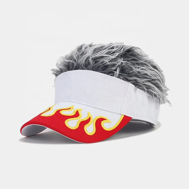 Custom Embroidery Logo Men Novelty Hair Golf Visor Sun Cap Hip Hop Adjustable Flames Wig Peaked Baseball Hat with Spiked Hairs