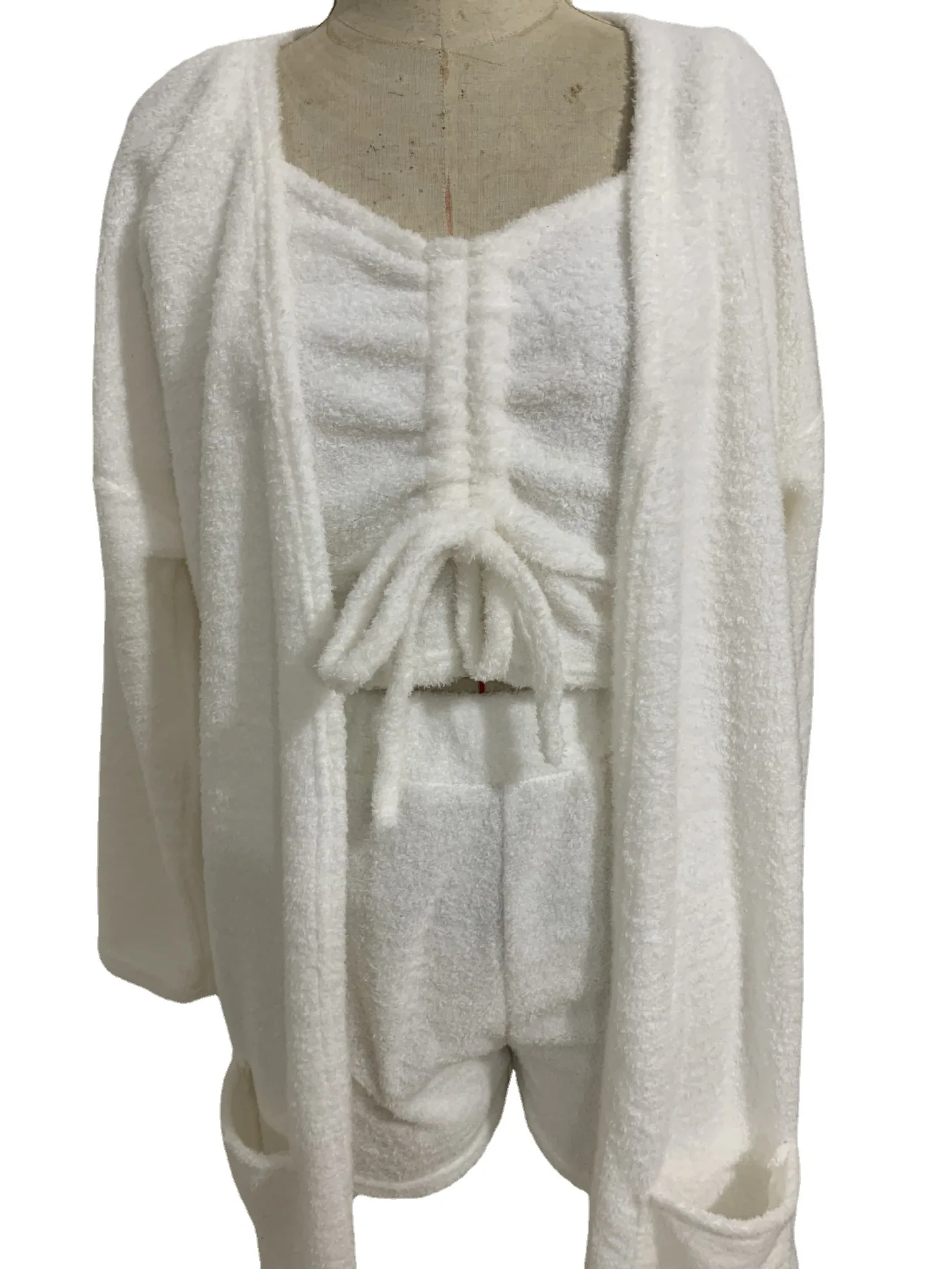 2024 Winter Wool Coral Plush Pajamas 3 Pcs Hooded V-Neck Robe Vest Shorts Sexy Bathwear Loungewear for Women