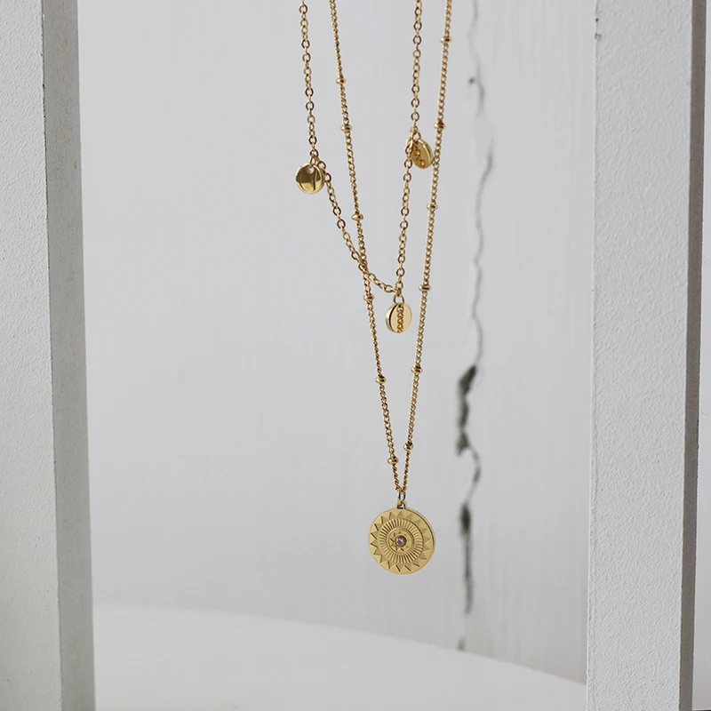 Bohemian Sun Charm Necklace Stainless Steel 18K Gold Plated Dainty Tarnish Free Sun Rising Layered Necklace Jewelry for Gifts