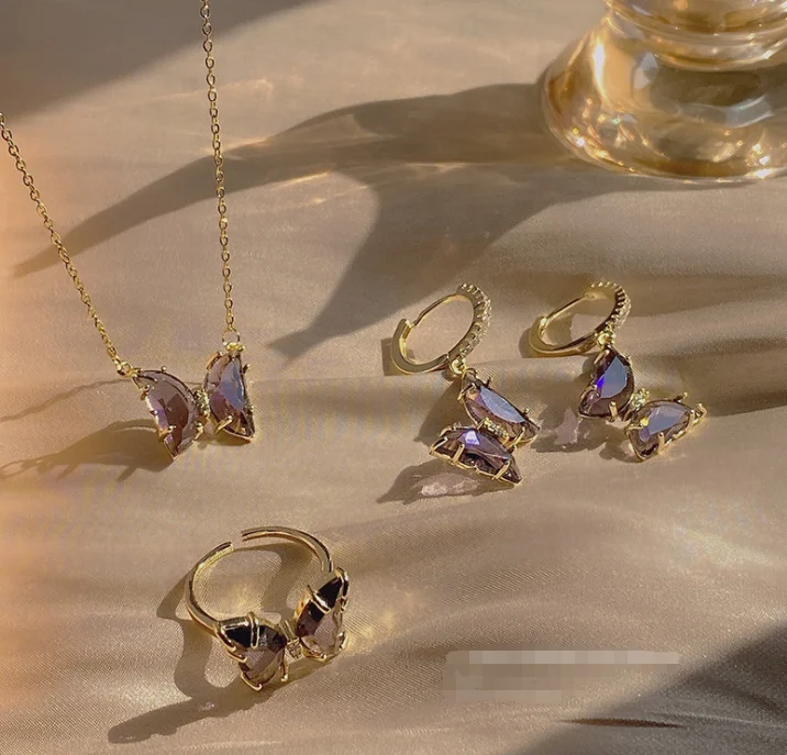03ST004 Fashion Purple Butterfly Necklace Ring Earrings Three-Piece Sets Bridal Jewelry Set For Women